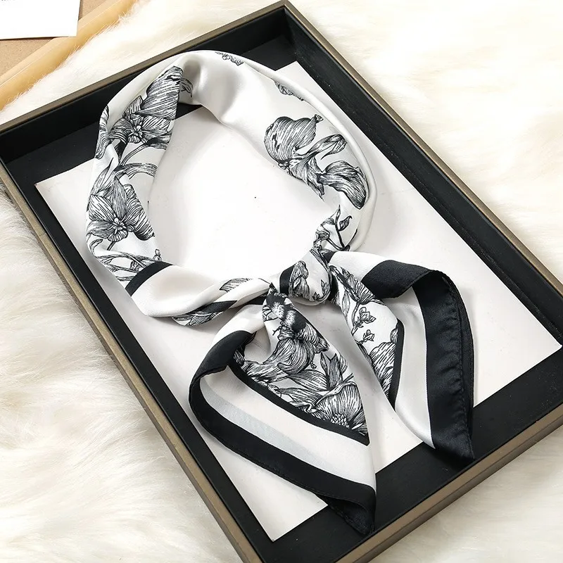 70*70cm Luxury Floral Print Silk Square Scarf Women Foulard Hairband Hands Bag Ribbon Head Hijab Neckerchief Headband Soft Satin image 2