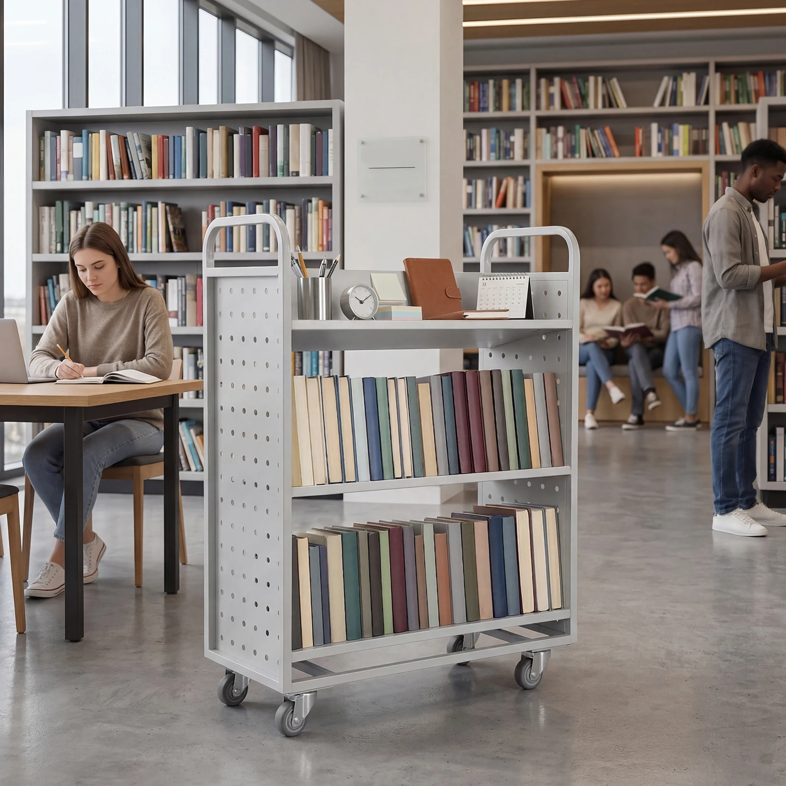 

Metal Utility Cart Slanted Single Sided Library Book Truck with Swivel Lockable Casters for Library Office Archive Room