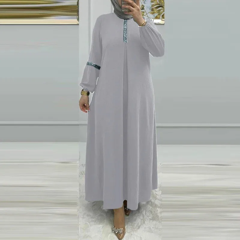 Elegante robe muçulmano cor sólida manga comprida vestido de lantejoulas elegante manga bolha vestidos longos dubai
