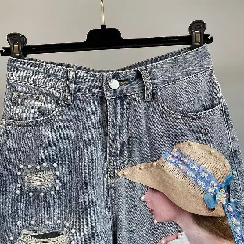 New Women Beading Tassel Sequins Denim Shorts Summer High-waist Loose-fitting Blue Shorts Ripped Straight-leg Denim Shorts