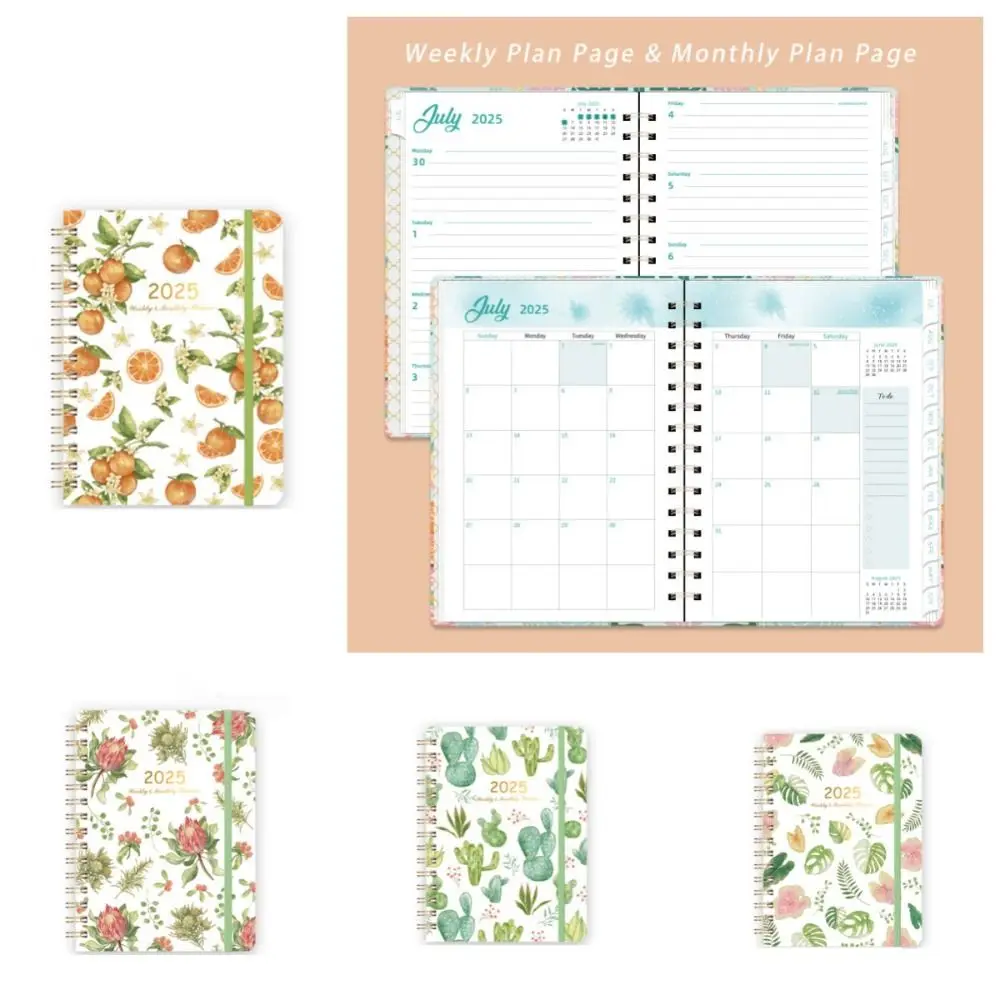 2025年月間英語アジェンダブック、週間プラン、ルーズリーフコイル、フラワーデイリーノートブックプランナーオーガナイザー、ToDoリスト