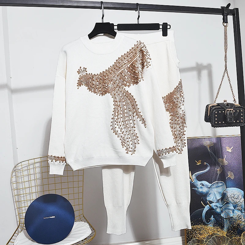 White Knitted Tracksuit Women Outfits Manual Beading Sequins Phoenix Sweater Pants Two Piece Set Loose Casual Knit Suit Female