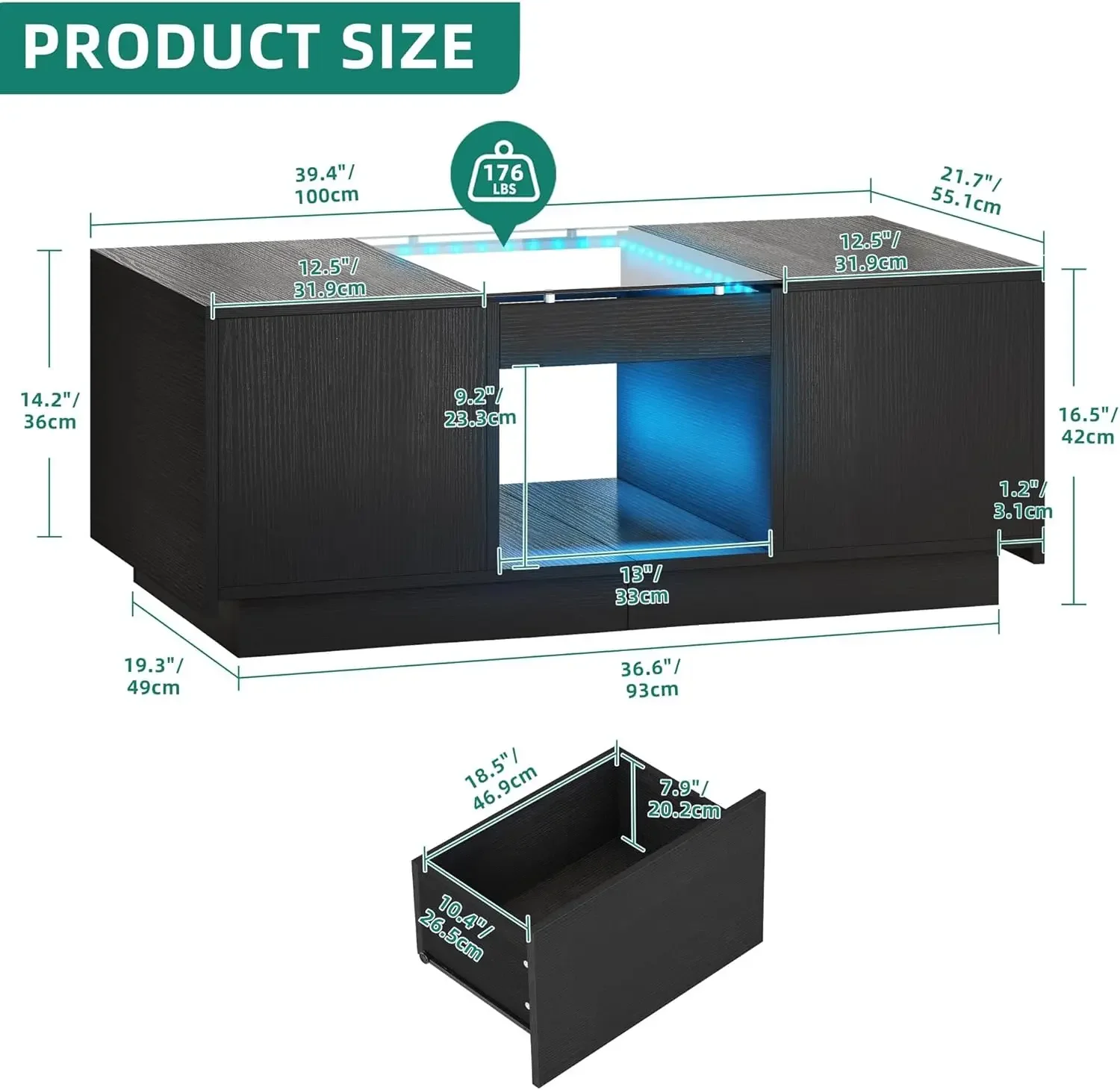 Storage with LED Lights, 2 Tiers and 2 Drawers, Large Living Room Center Tables with USB Ports and Type-C, Black