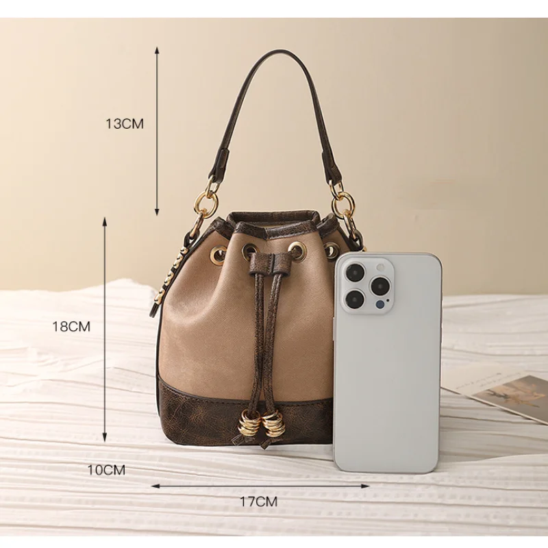 Women High-capacity Drawstring Bucket Shoulder Bag Casual Ladies Contrast Color Crossbody Bags Fashion PU Leather Female Handbag