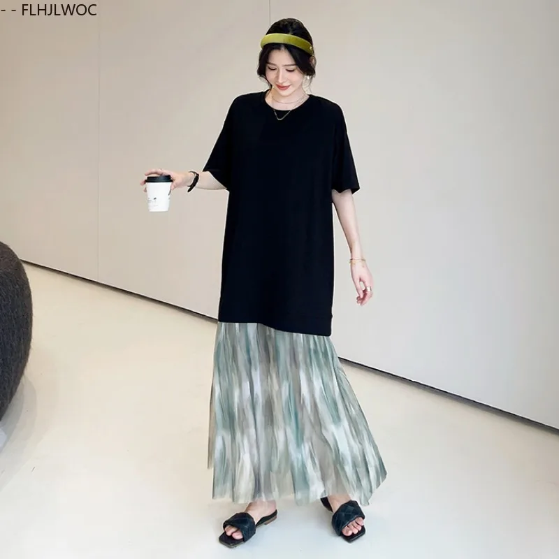루즈핏 여성 드레스 유럽 스타일 2025 여름 패치워크 시스루 메쉬 러플 블랙 코튼 블렌드 티셔츠 드레스
