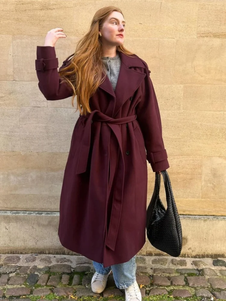 Women Retro Burgundy Lace Up Overcoat Chic Lapel Double Breasted Slim   Long Woollen Coat Autumn 2024 New Lady Elegant Outerwear