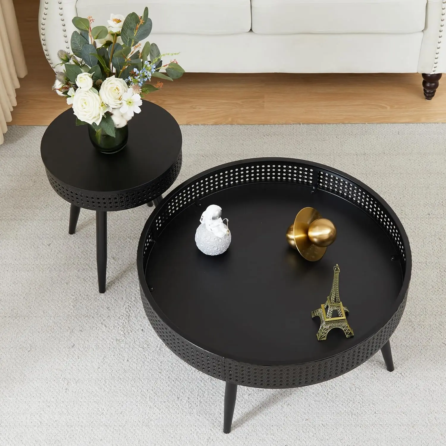 Modern Farmhouse Round End Table Set of 2,Iron Rattan Coffee Table with Hidden Storage Basket,29.1” Nesting Side Table