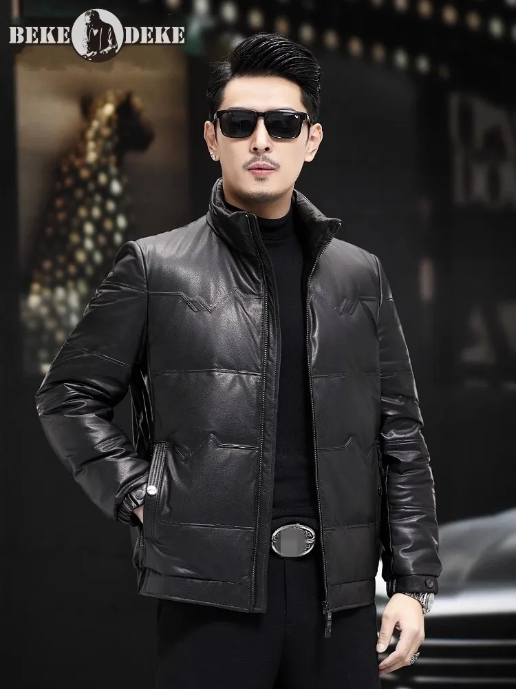 

Winter Warm Stand Collar Mens Cow Genuine Leather Jacket Zipper Business Casual Slim Fit Short Coat Punk Moto Biker Overcoat