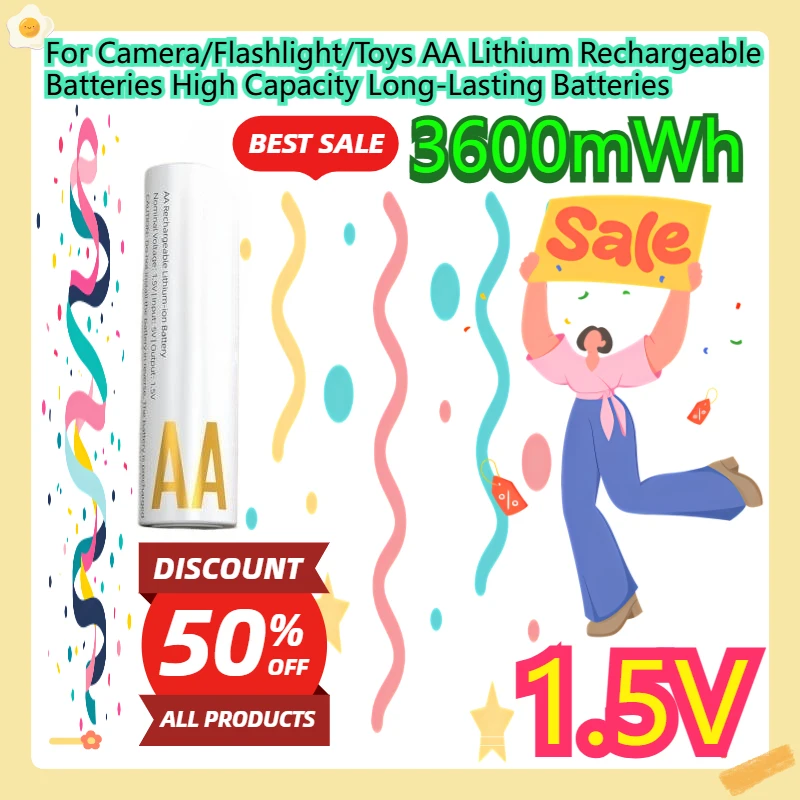 For Camera/Flashlight/Toys AA Lithium Rechargeable Batteries High Capacity Long-Lasting Batteries 1.5V 3600mWh