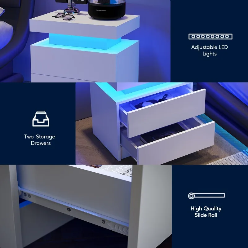 Mesa de cabeceira LED Mesa de cabeceira moderna com 2 gavetas de quarto (branca)