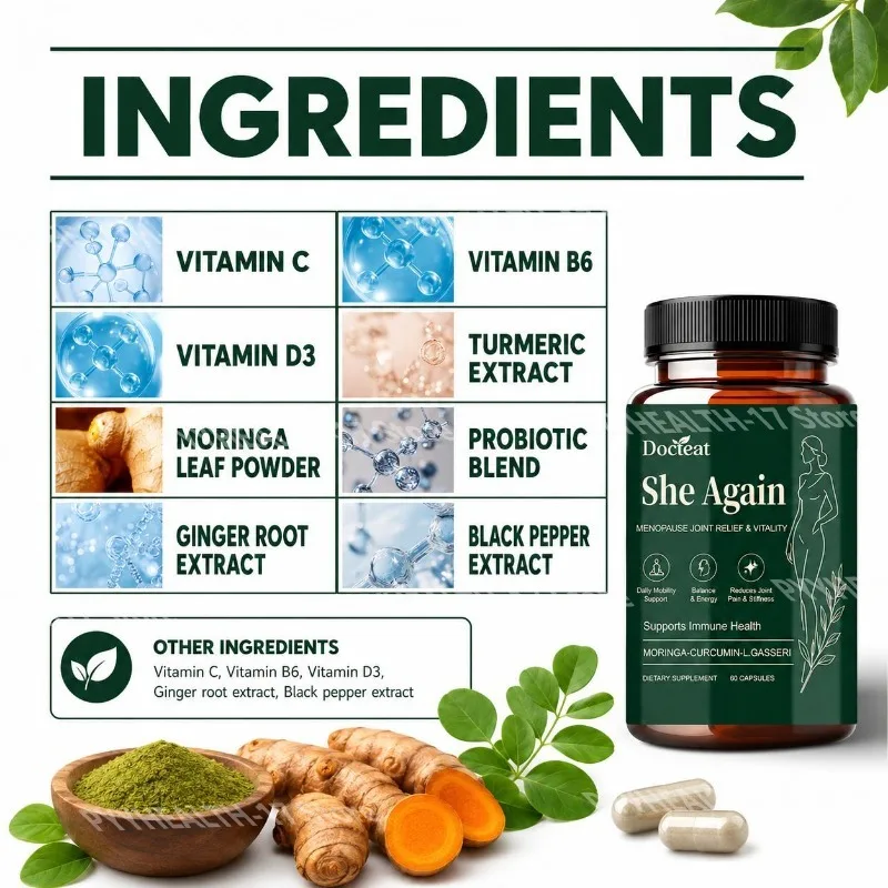 Docteat She Again Menopause Joint Support Capsules with Moringa-Curcumin-L.Gasseri Daily Mobility and Immune Support 60 Capsules