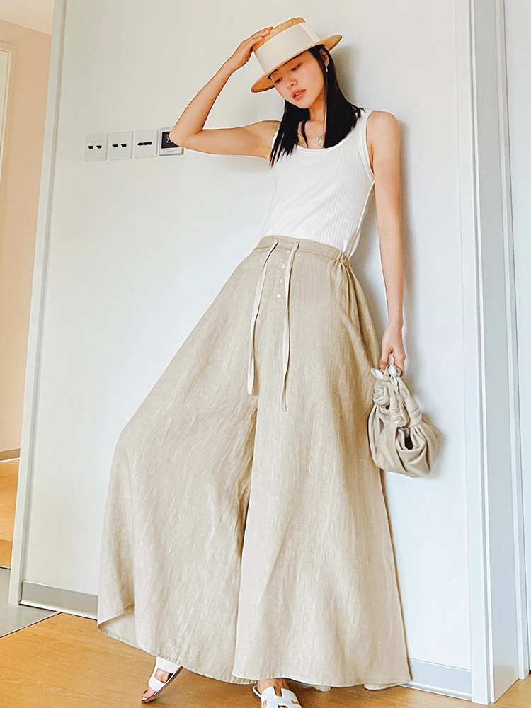 

Женские повседневные широкие брюки свободного кроя из тонкого льна с драпировкой, длинные брюки-юбка, летний уличный стиль