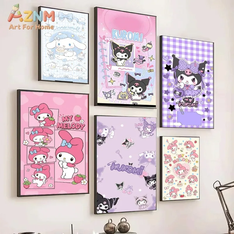 Sanrio Cinnamoroll Blue Gingham Canvas Poster No Frame Cute White Long Ears Dog Cartoon Print Sweet Dessert Girly Kids Room Wall