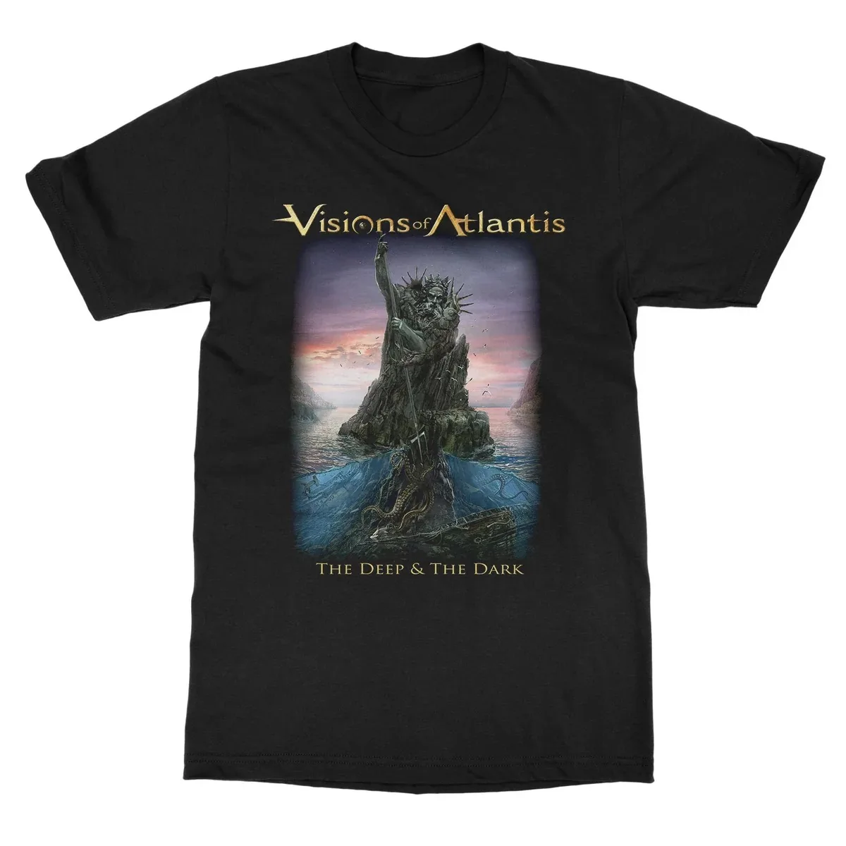 ：The Deep & The Dark Album Cover Poseidon Statue Seaside Cliff Deep Sea Wreck Fantasy Poster T Shirt