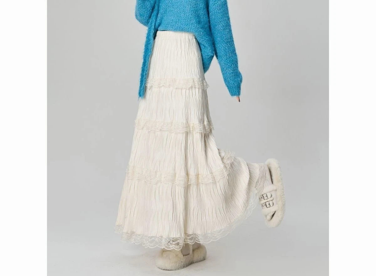 กระโปรงผ้าไหมลายลูกไม้สำหรับผู้หญิง สไตล์ฤดูใบไม้ร่วงและฤดูหนาวแบบอ่อนโยน กระโปรงทรงเค้กสไตล์นางฟ้า เอวสูงแบบยางยืด กระโปรงทรงเอ ยาว