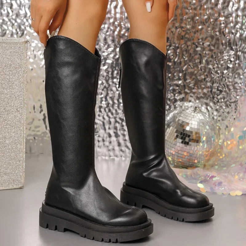 

2025 New Women's Solid Color Back Zipper Design in Plus Size Thick Soled High Heels Autumn and Winter Knee High Boots