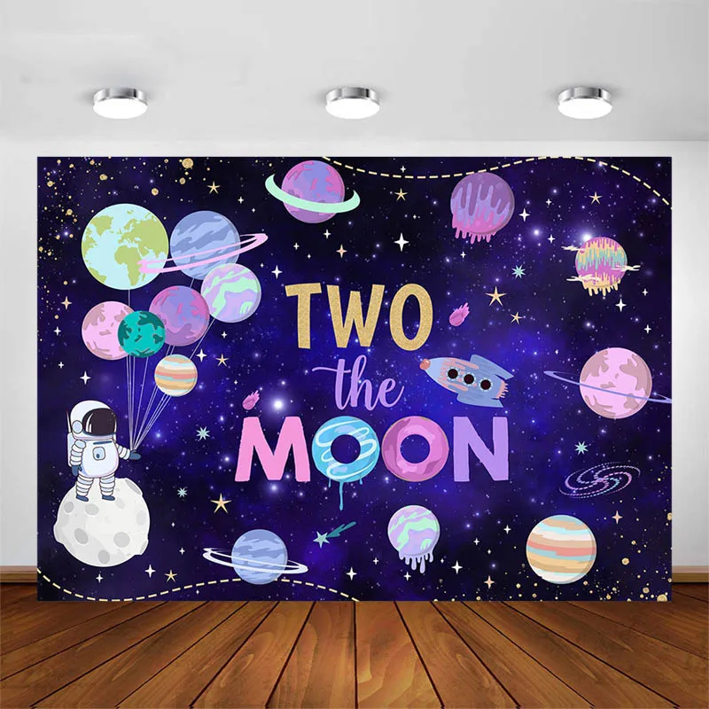 7X5FT Purple Pink Galaxy Girl Happy Birthday Astronaut Planets Rockets Star Custom Photo Backdrop Background Vinyl 220cm X 150cm