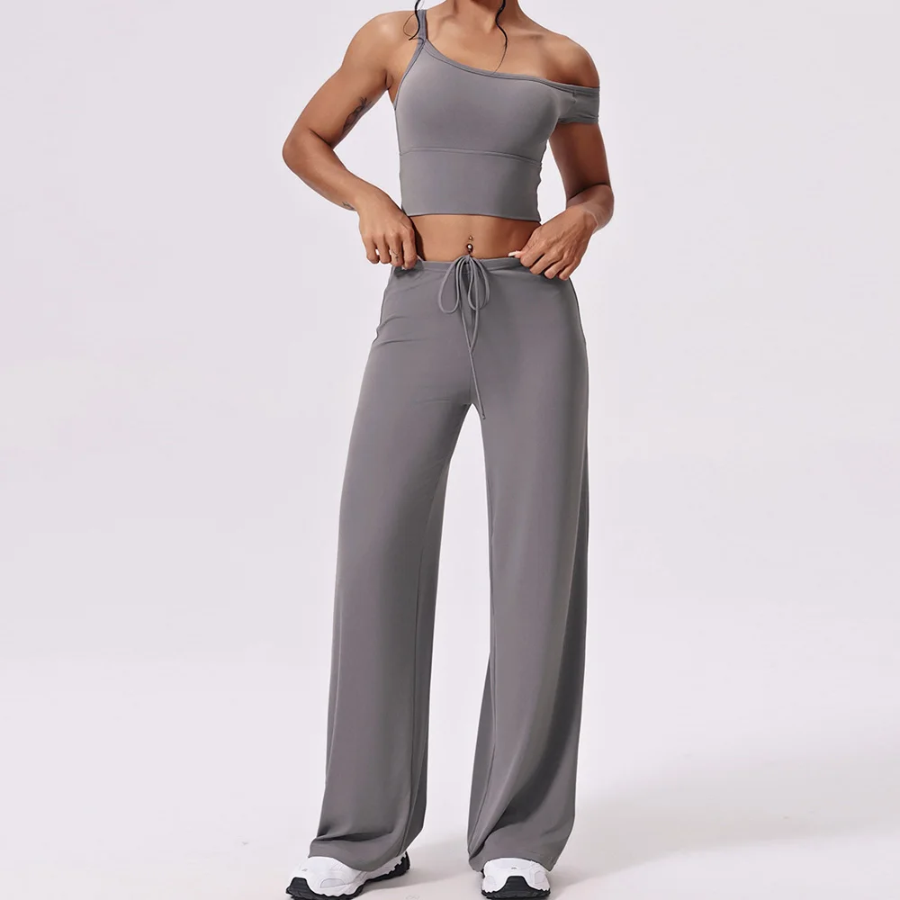 Yoga Set Seamless Women Sportswear Workout Clothes Athletic Wear Gym Loose Straight-leg Pants Fitness Bra Crop Top Sports Suits