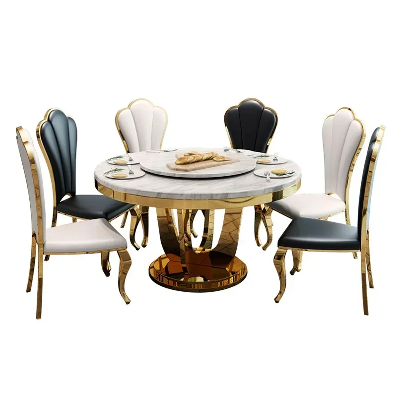 Luxury gold stainless steel white black round dining table set 10 seater with marble top for modern dining room furniture