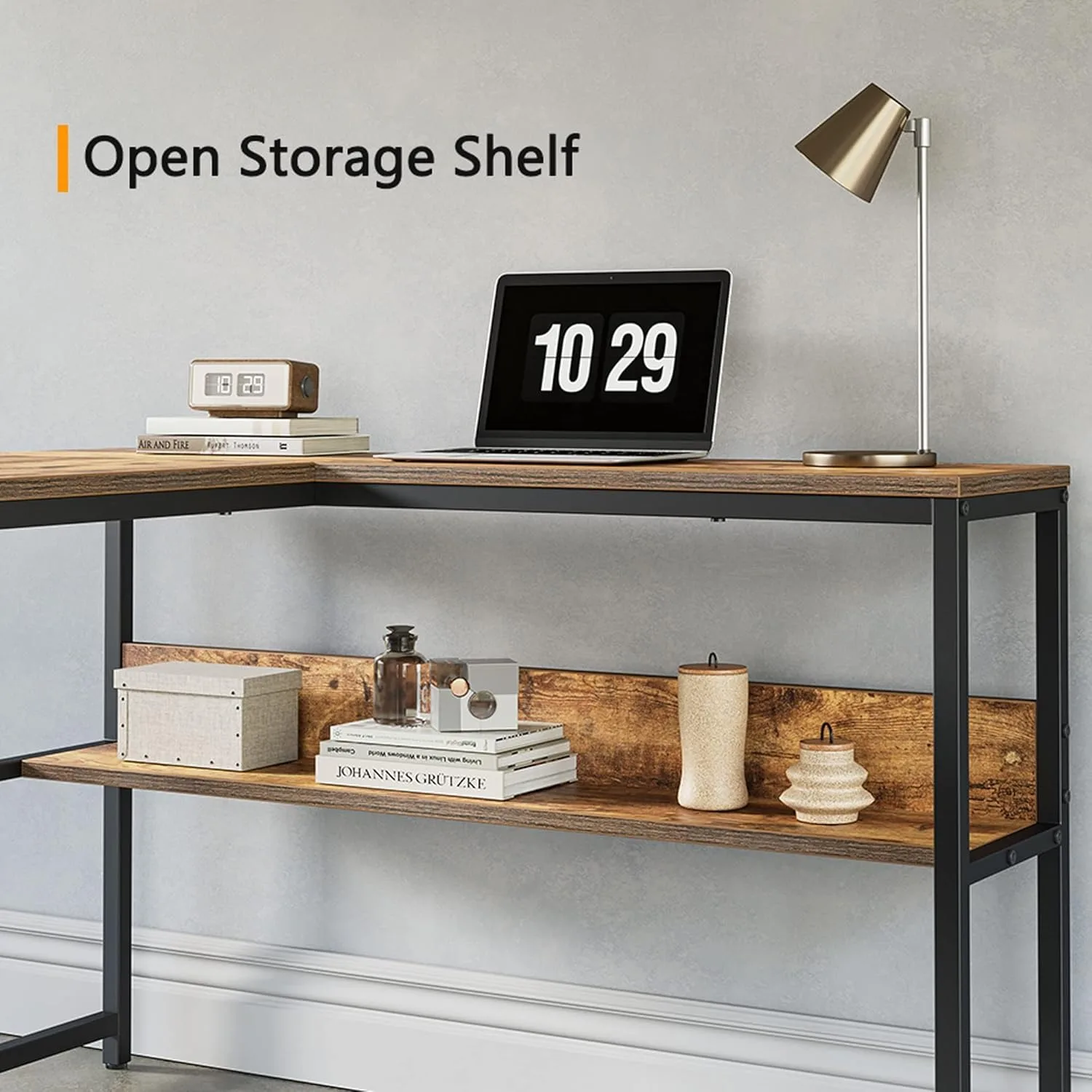 L-shaped office desk, 55.1-inch corner computer desk with storage rack, country brown