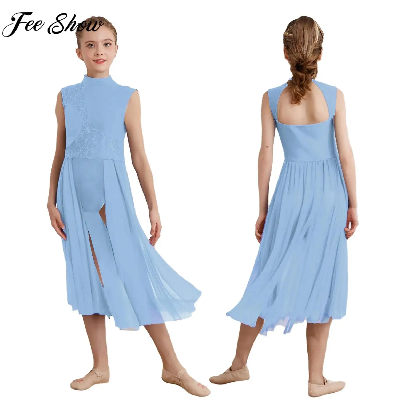 Kids Girls Lyrical Dance Dress Sleeveless Floral Lace Sheer Mesh Leotard Dress Modern Dancing Figure Skating Ballet Dancewear
