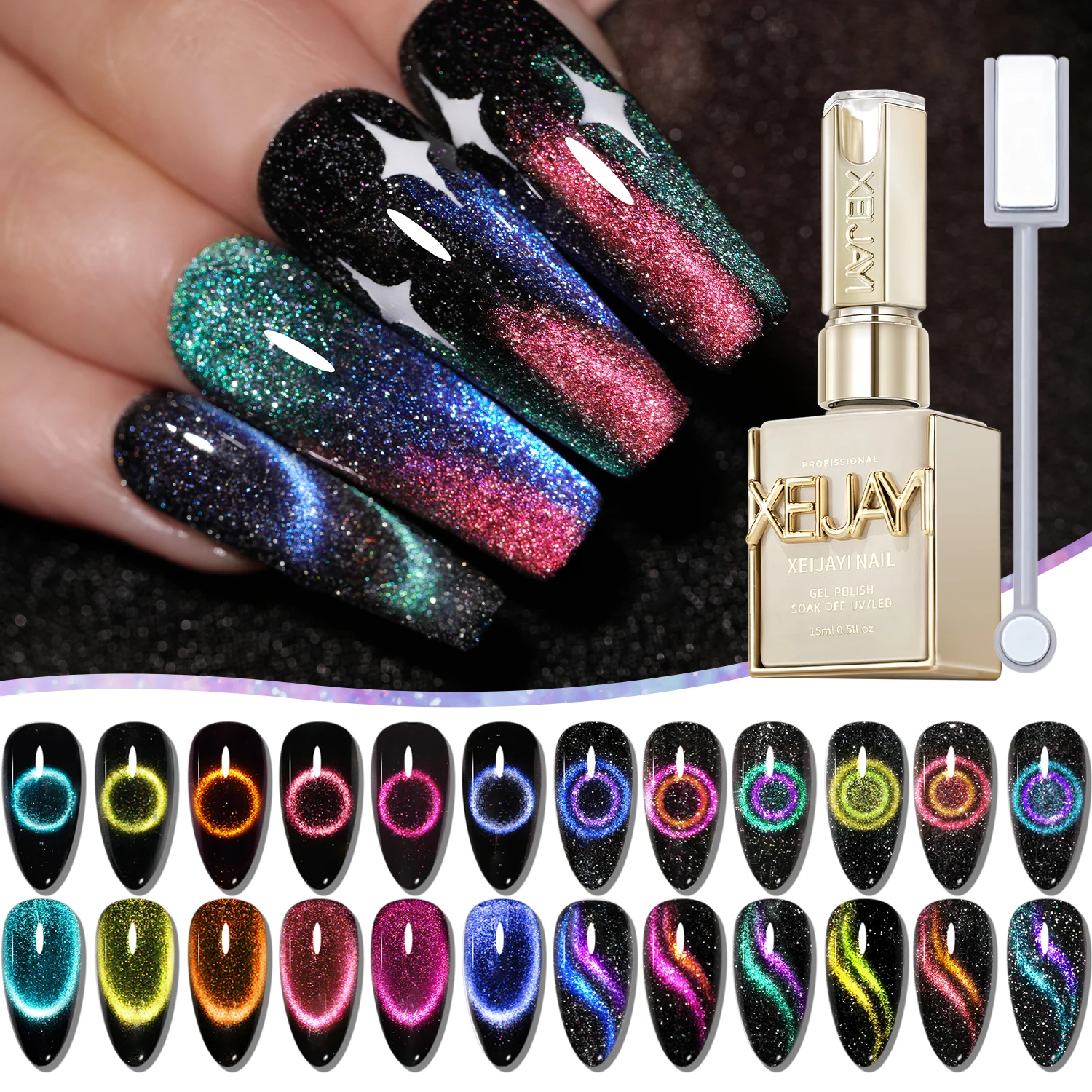 

XEIJAYI 12 шт. 15 мл магнитный гель-лак для ногтей с изображением кота-CATEYES, высокая прозрачность, легко сверкающий блеск, идеальный для женщин, подарок на лето