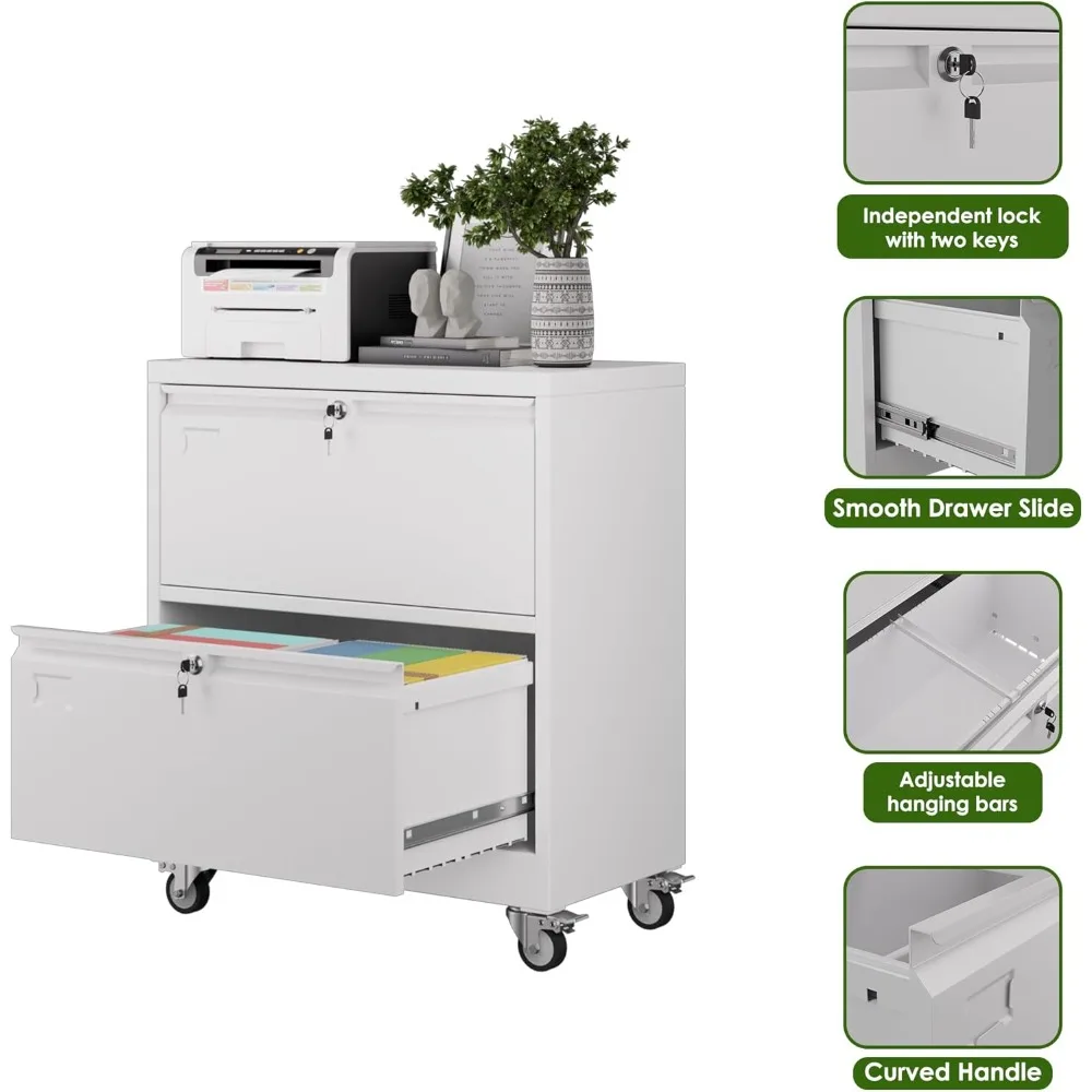 Lockable Metal Lateral File Cabinet with Wheels for Home Office - Legal/Letter Size, White, Storage Solution
