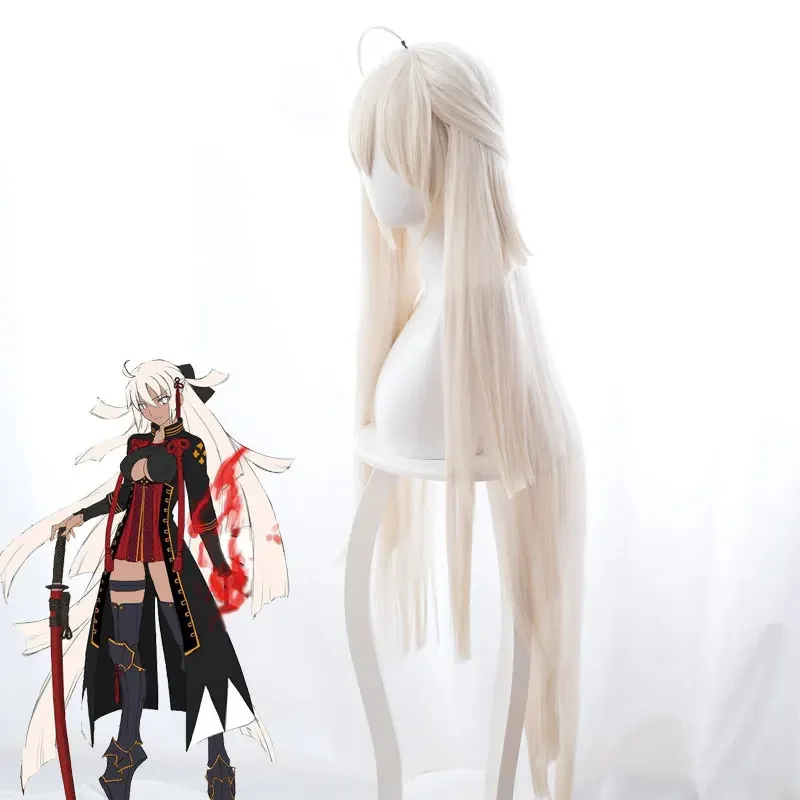 Fate/Grand Order Okita Souji Cosplay Wig for Women 120cm Long Straight Heat Resistant Synthetic Hair Majin Saber Wig Anime Beige