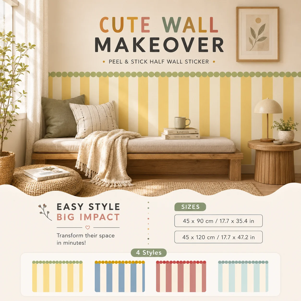 Removable PVC Striped Half‑Wall Sticker, Self‑Adhesive Decor Wainscoting Decal for Entryway Living Room, Multi‑Color Option