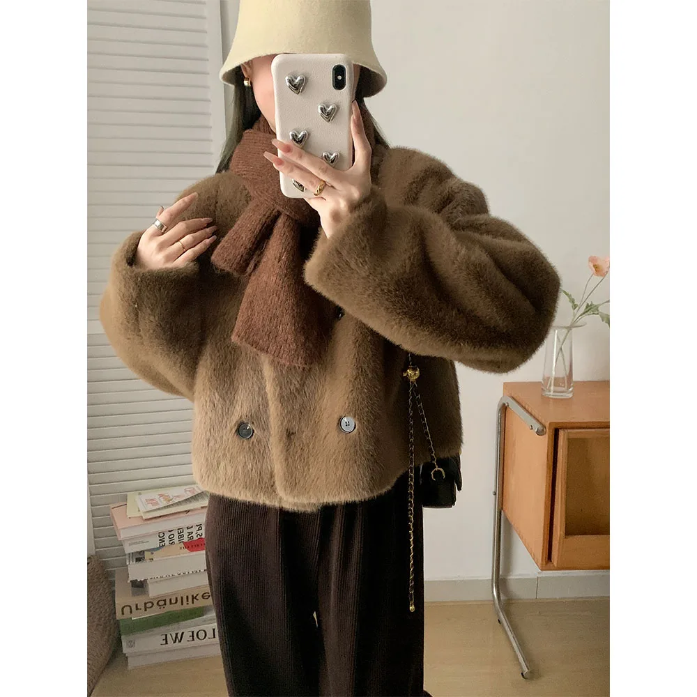 UVPU ブラウンファージャケット女性のショートスタイル 2023 冬暖かいオールマッチ怠惰なファッション小さな香りスタイル合成毛皮コート