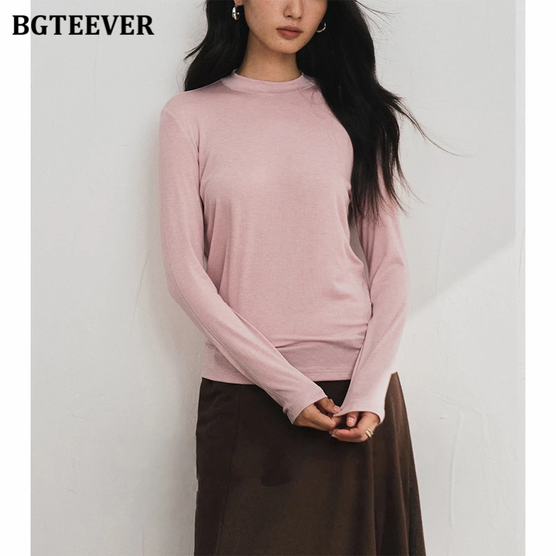 BGTEEVER Women's Silk Wool Acetate Base Layer Top Spring  Autumn, Stand Neck Long Sleeve Knit Top