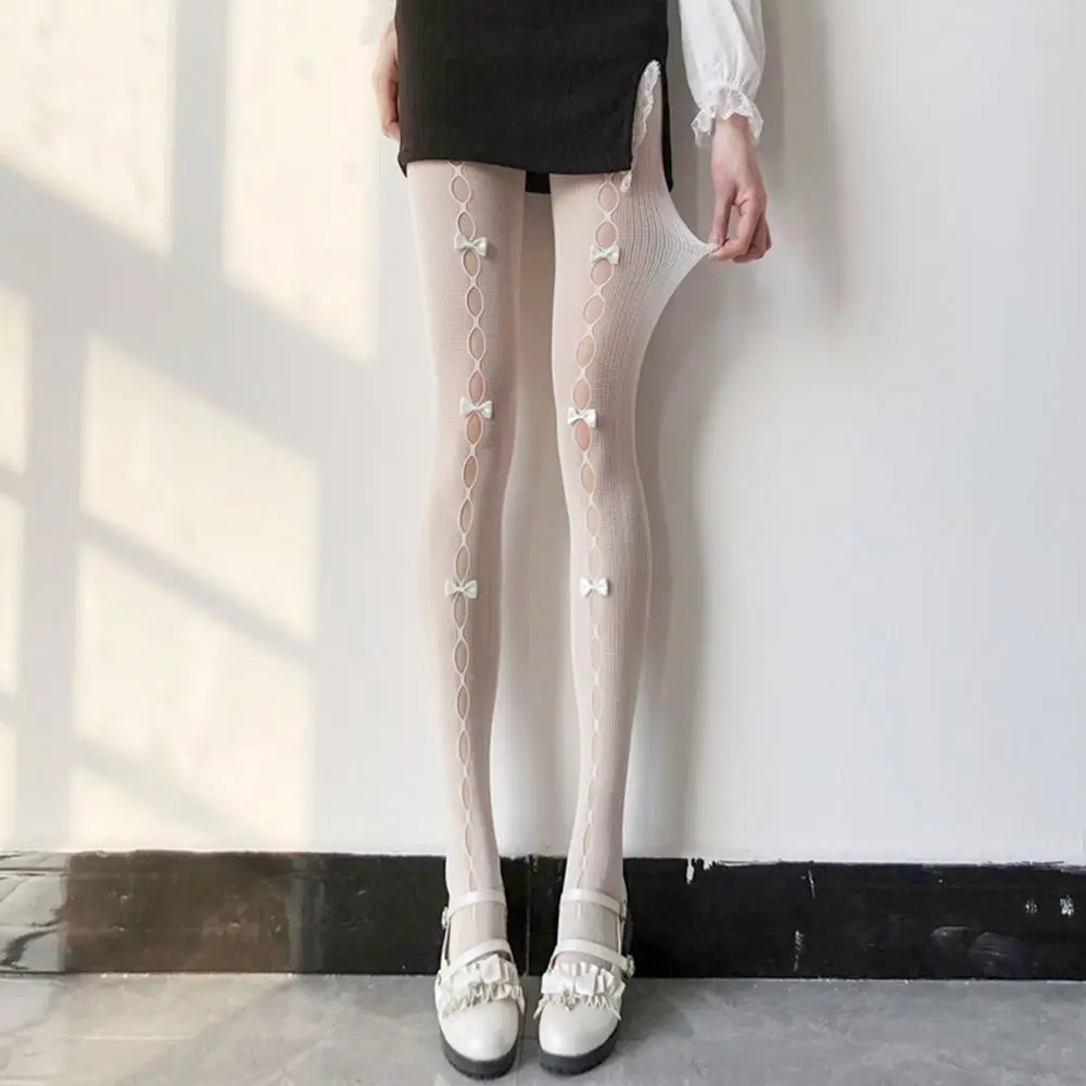 Lolita Silk Stockings Anime Cosplay Sock Girl Bowknot Hollow Out Pantyhose Sexy Thin Tide Lace Sock White Fishnet Silk Stockings