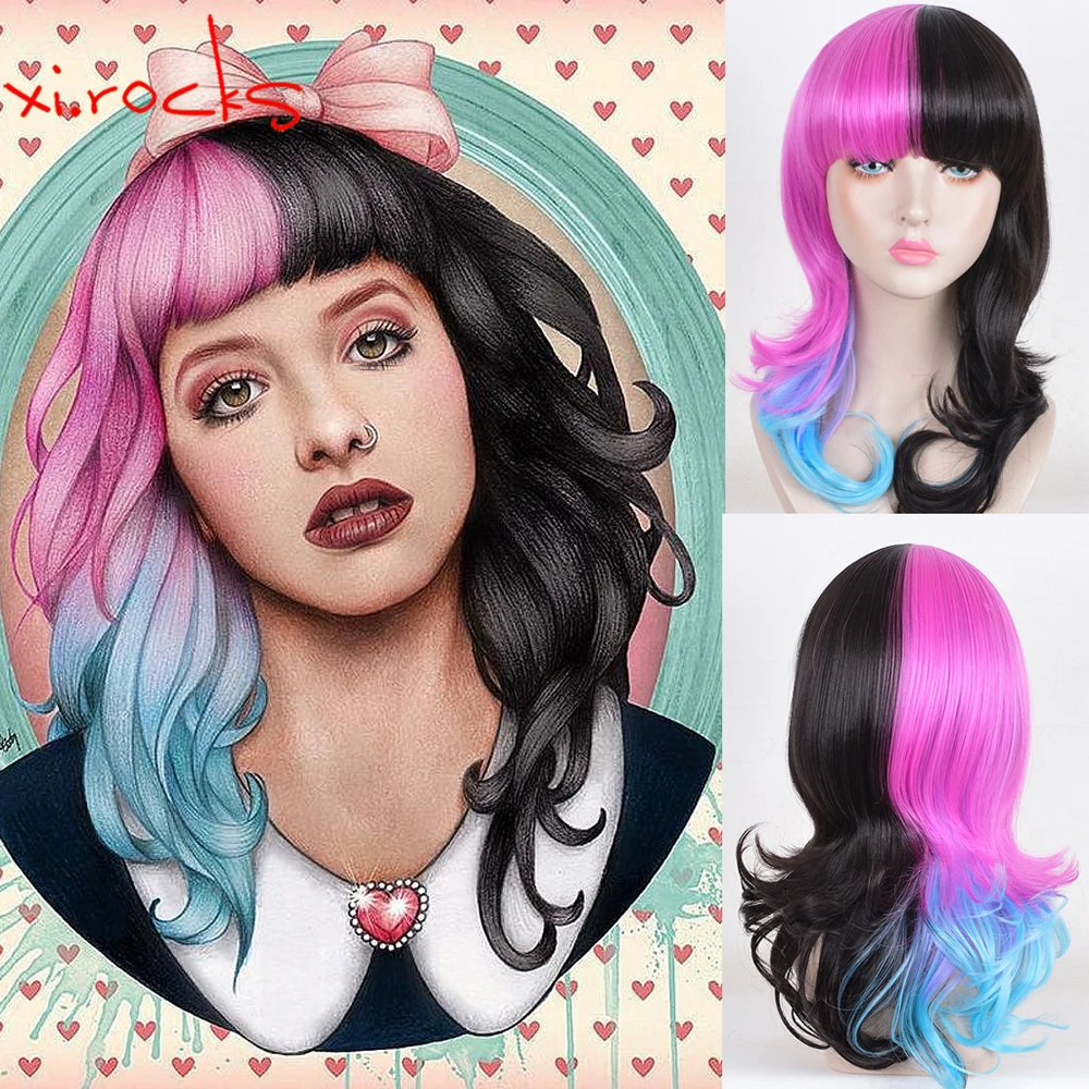 Xi.Rocks 3506 Melanie Martinez pesta Halloween warna-warni untuk pendek bergelombang Ombre sintetis suhu tinggi serat rambut Cosplay Wig