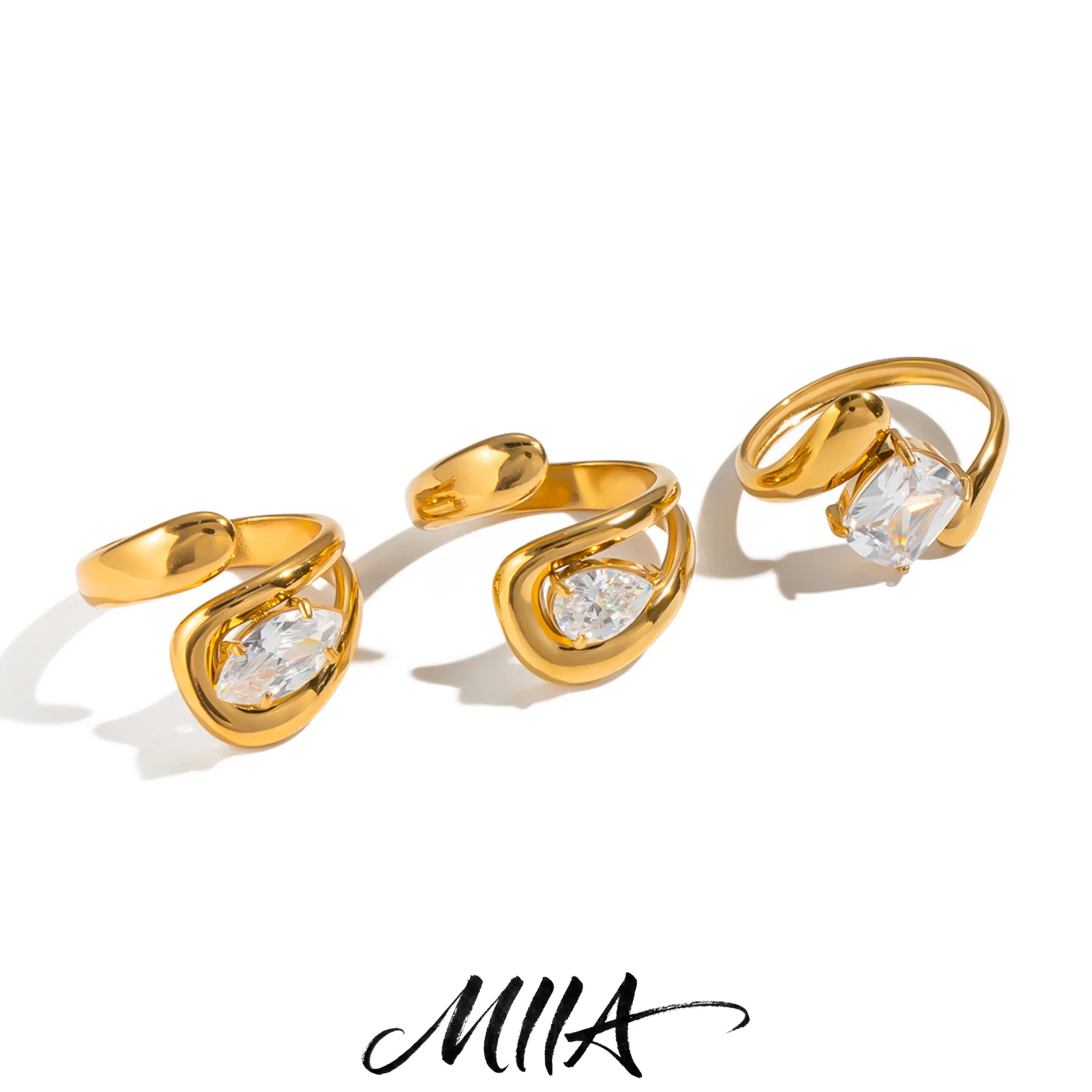 Miia Jewelry Shiny Bling White Zircon Open Adjustable Rings for Women 18K Gold PVD Plated Stainless Steel Metal Jewelry Gifts