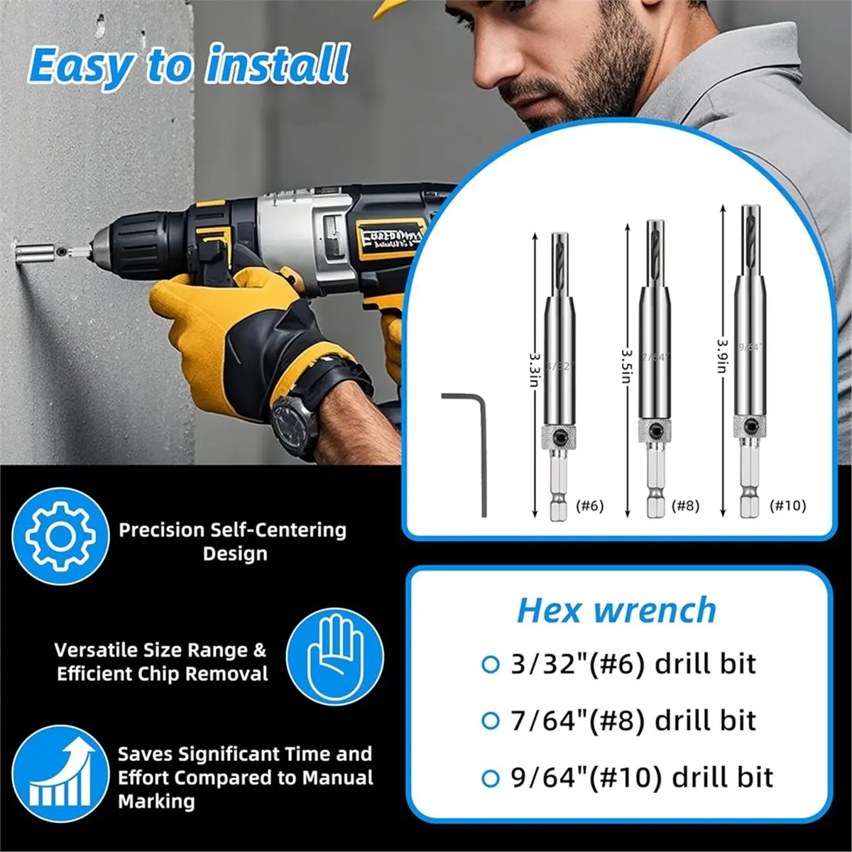 

A58Z Self Centering Drill Bit Set - 3/32", 7/64", 9/64" Self Centering Drill Bit for Woodworking Door & Window Installation