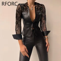 2024 Women Solid Lace Patchwork Pu Leather Turn Down Neck Black Blouse Top