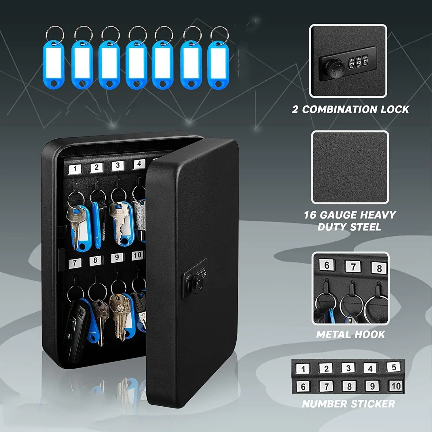 Key cabinet on the wall, steel key cabinet with 28 keys, key manager with combination lock, wall mounted, with resettable code