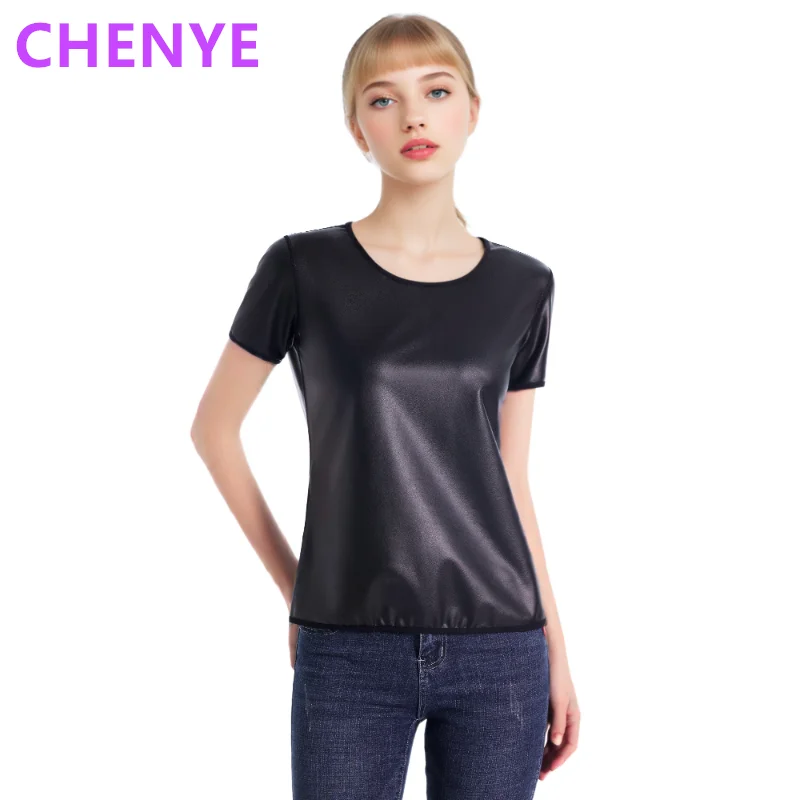 

Женские топы из искусственной кожи с короткими рукавами, облегающая футболка, топ, формирователь талии, тонкая футболка, модное тонкое корректирующее белье