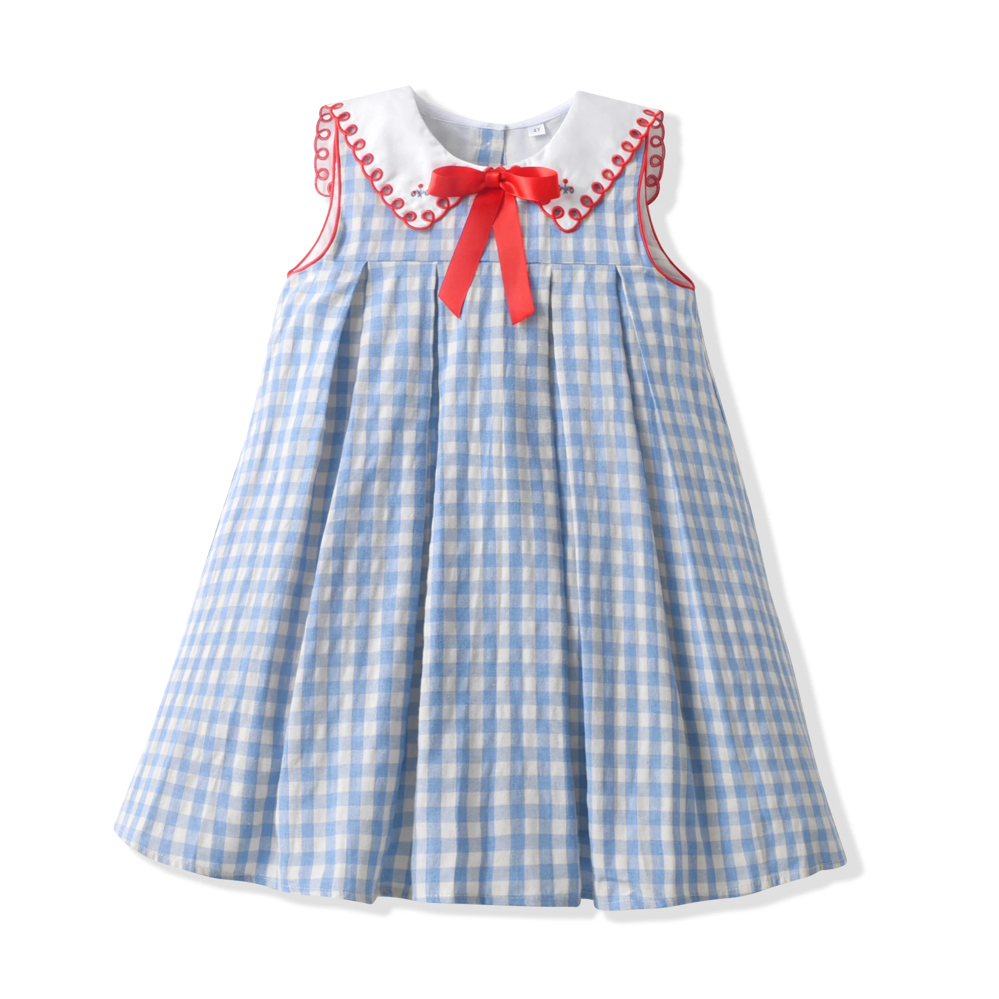 

Clibeso Luxury Embroidered Gingham Check Print Cotton Sleeveless Baby Girl Dress Collar Children Frocks Kids Clothing for Girls