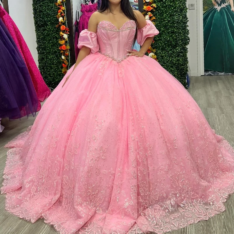 

Pink Quinceanera Dresses Off Shoulder Vestidos De 15 Años Beads Sequin Applique Lace Corset Formal Birthday Party Sweet 16 Dress