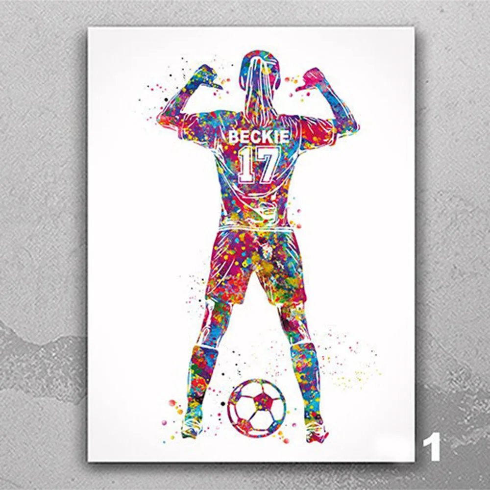 

Customize Soccer Player Girl Personelized Watercolor Print Female Football Gift Wall Art Home Decor Picture For Kids Room