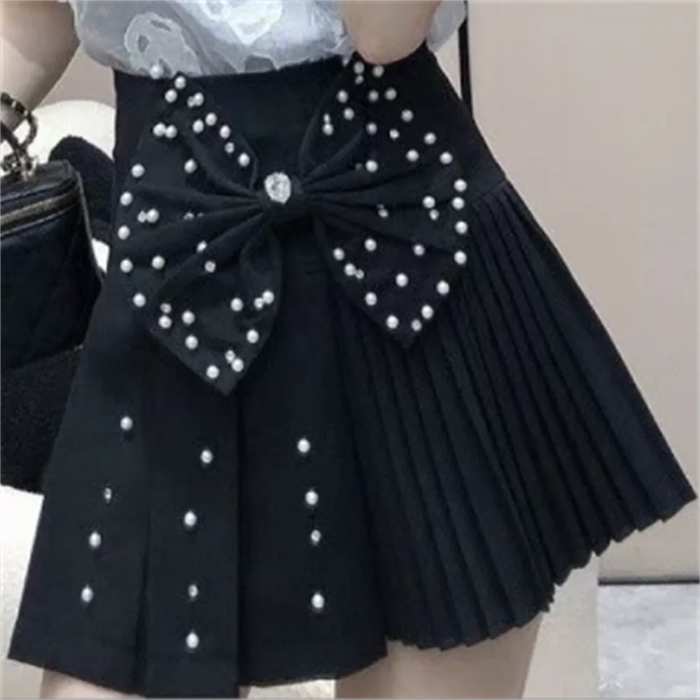 kawaii skirt women beaded diamond-encrusted sweet big bow-tie pleated skirt