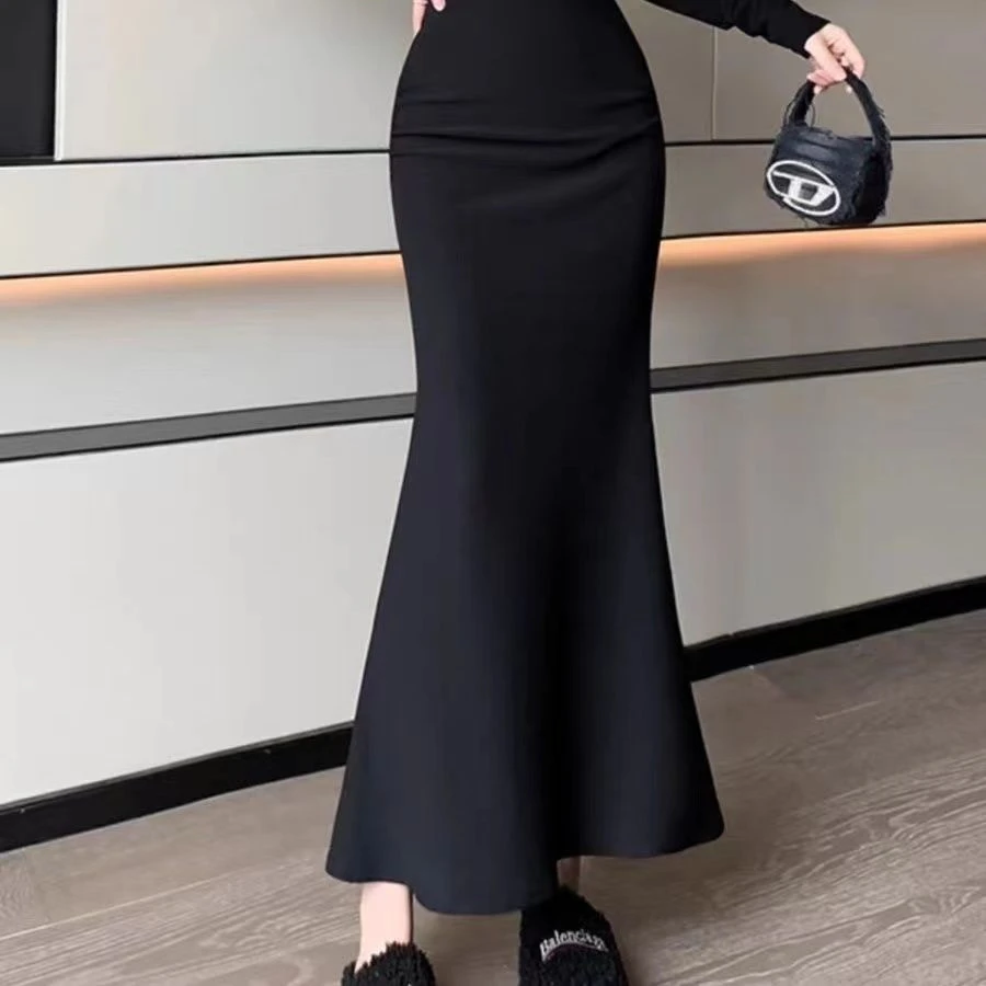

Ele High Waist Long A-Line Skirt Women's Spring Autumn Faion Sensation Hip Concealing Draped Fi Tail Skirt