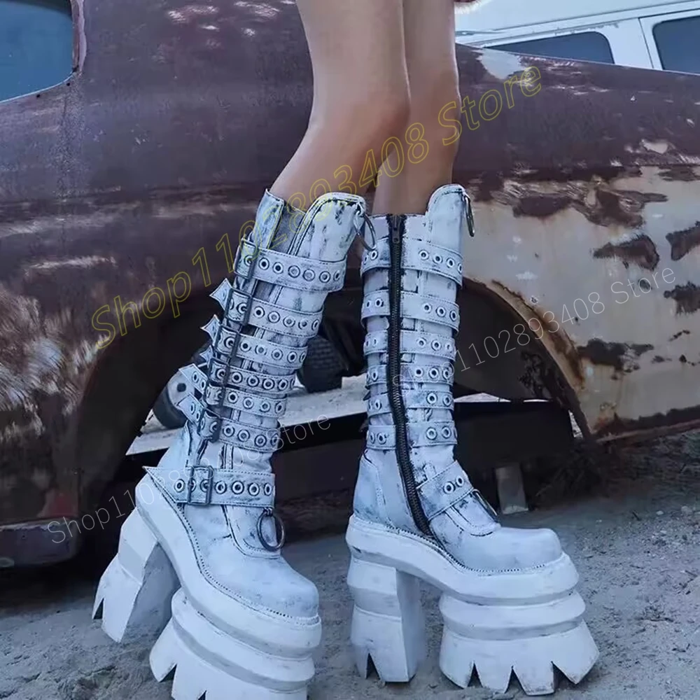 Cintos de fivela estilo punk cool Mid Calf Boots para mulheres, plataforma de sola grossa, salto alto robusto, sapatos sexy da moda, novo, 2024