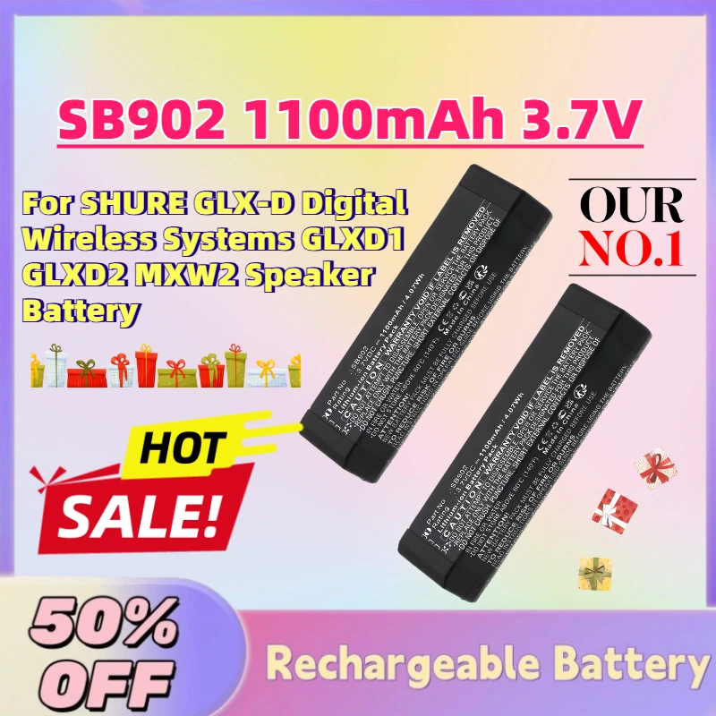 

High-Quality SB902 1100mAh 3.7V Li-ion Battery for SHURE SB902A GLX-D Digital Wireless Systems GLXD1 GLXD2 MXW2 Speaker Battery