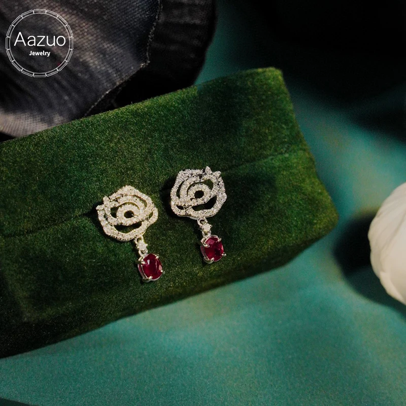 Aazuo Fine Jewelry 18k White Gold Natural Oval Ruby Real Diamonds Flower Stud Earrings Gifted For Women Engagement Wedding Party