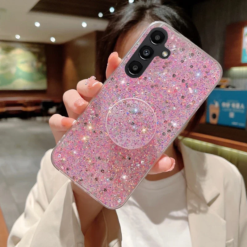 Shiny Glitter Gypsophila phone holder Case For Samsung Galaxy A15 A25 A35 A55 5G Bling Gold Silver Foil Silicone Cover