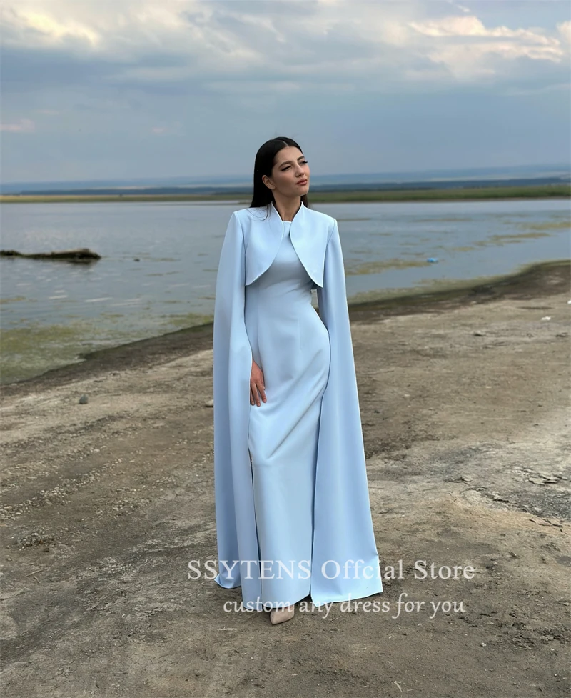 SSYTENS Simple Prom Dresses Long Cape Sleeves Customized Saudi Women Formal Occasions Party Dress Blue Elegant Evening Gowns