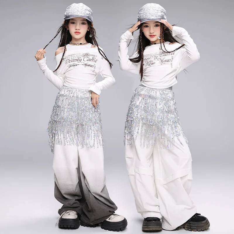 女の子 K-ポップクロップトップスパンコールジョガーパンツガールグループ服セット子供ジャズストリートダンス衣装子供ヒップホップストリート