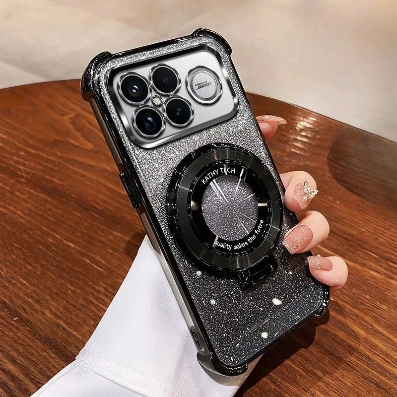 Stoßfeste Glitzer-Magnet-Halterung mit Beschichtung für Xiaomi 17T, Xiaomi17t, 17 Pro Max, 17 Ultra – Schutzhülle mit Ständer